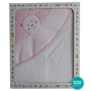 Triangular Baby Bathrobe Pink with White Dots - Teddy Bear